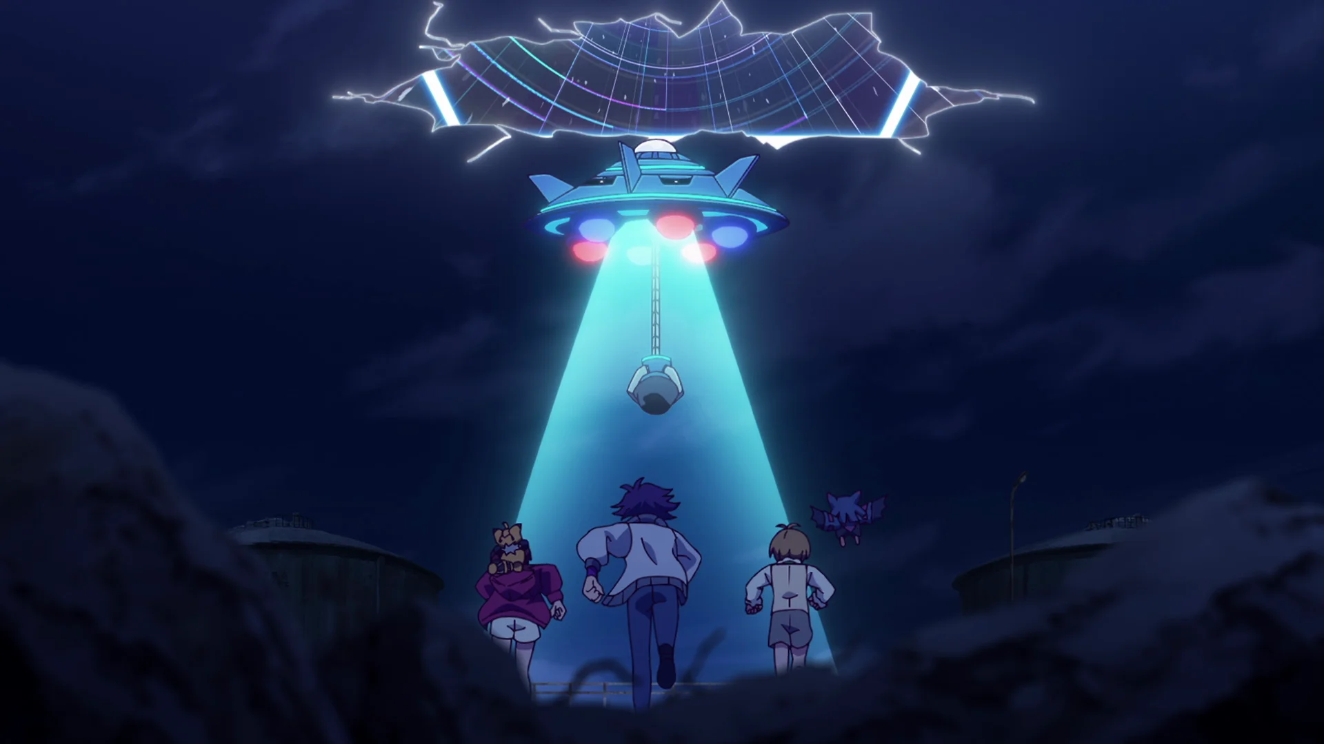 Trys veikėjai bėgantys link NSO naktį serijoje Digimon Beatbreak