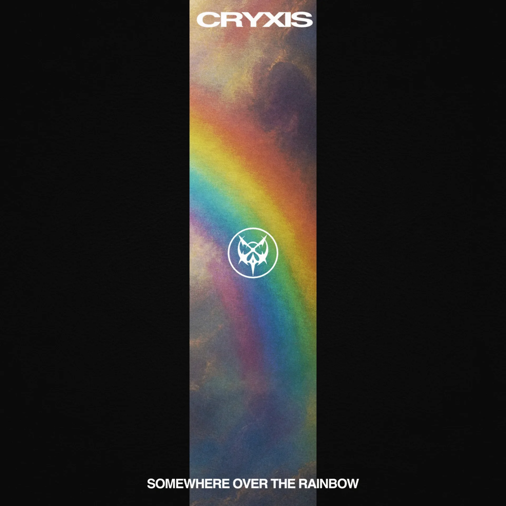 شعار CRYXIS بخلفية قوس قزح ونص Somewhere Over the Rainbow