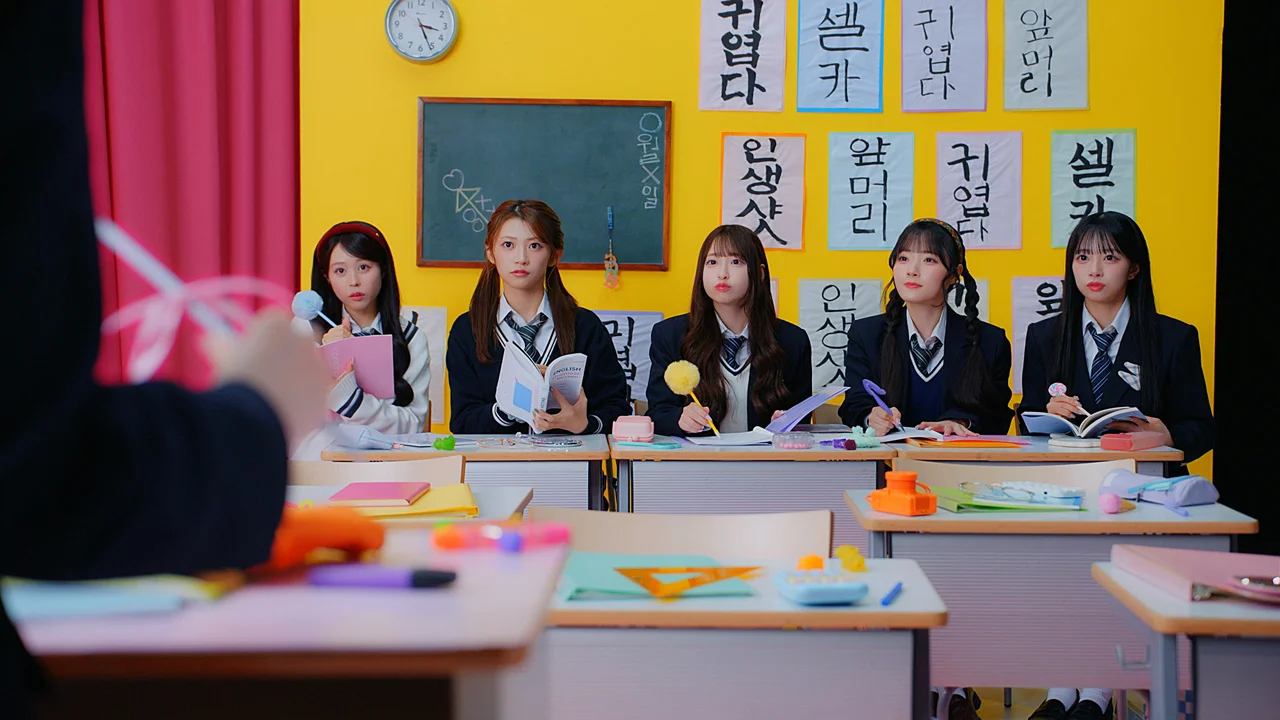 CUTIE STREET-Mitglieder in einem Klassenzimmer mit koreanischem Text