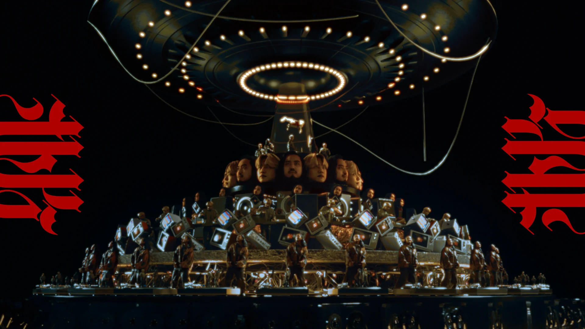 Creepy Nuts performant sur une scène futuriste avec de multiples écrans