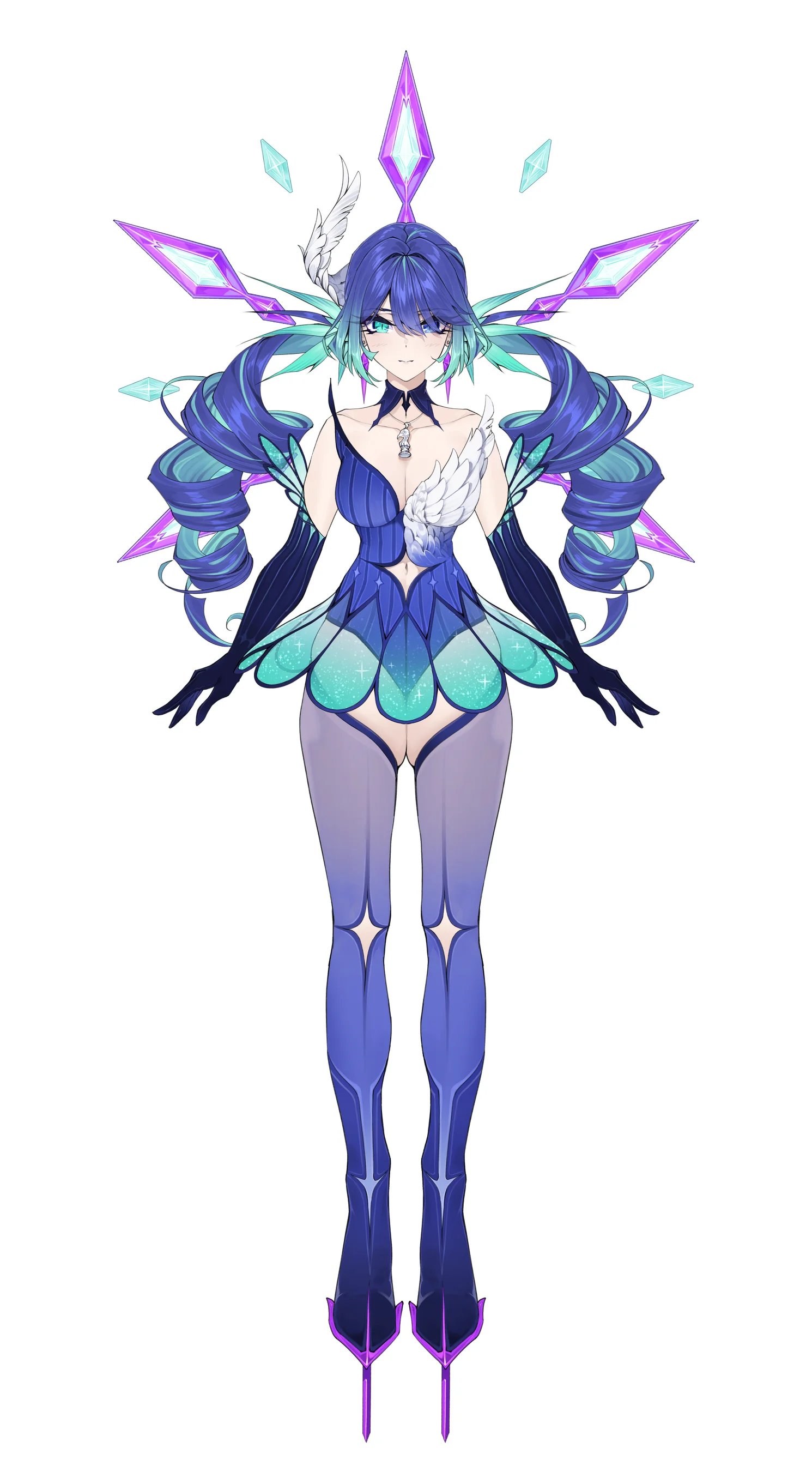 شخصية VTuber مزخرفة بشعر بنفسجي وأجنحة متلألئة