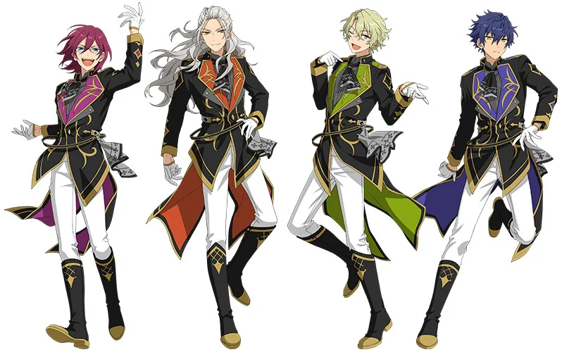 Four anime characters from Ensemble Stars in colorful costumes striking dynamic poses