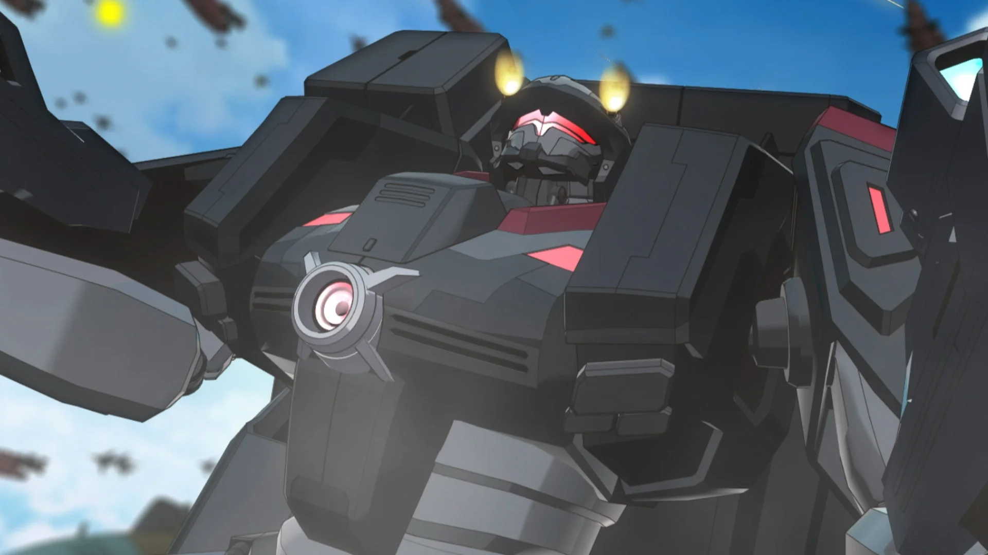 Animazioko mecha handi bat, beltza eta gorria