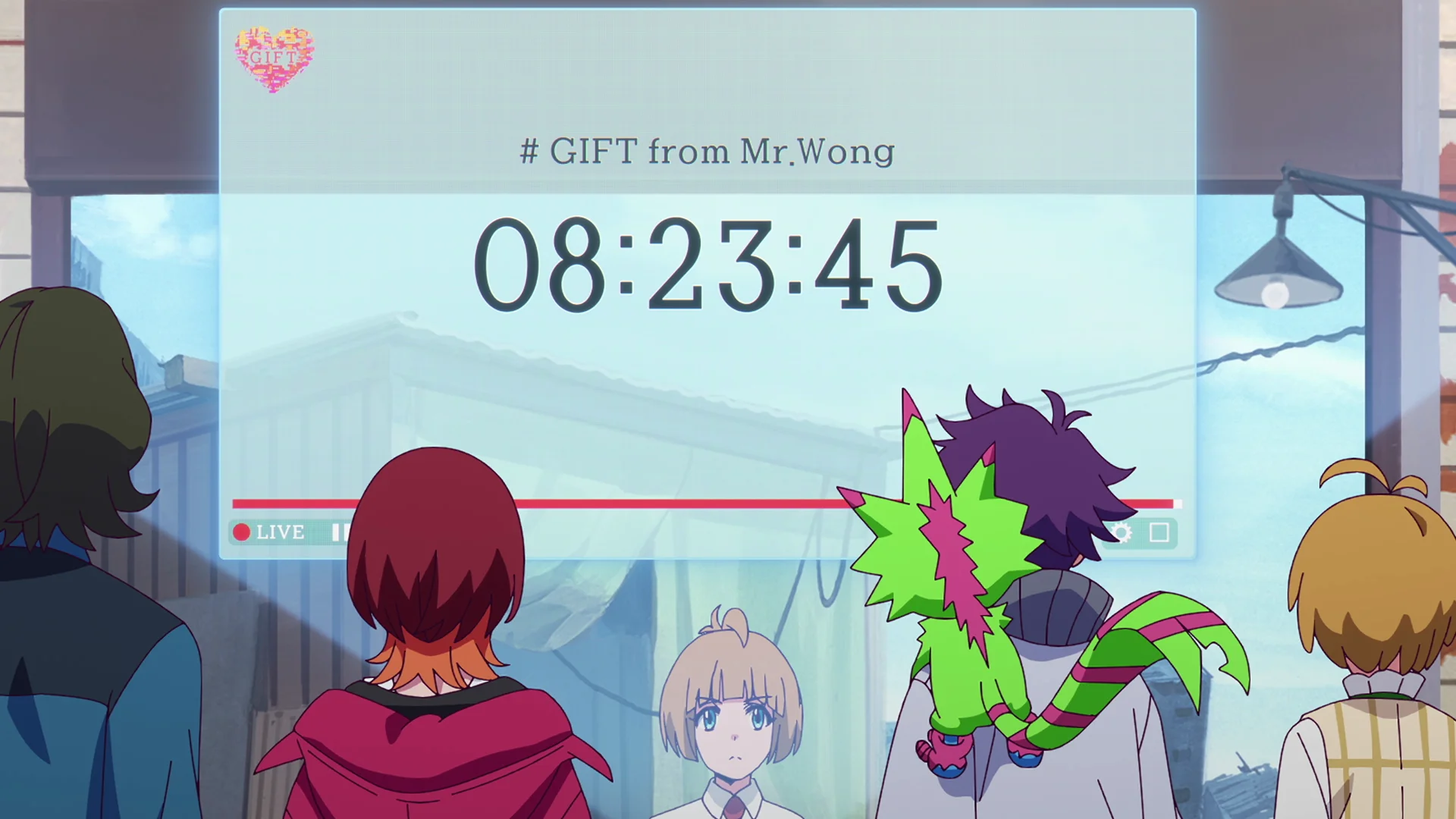 Personatges miren una pantalla de compte enrere etiquetada GIFT