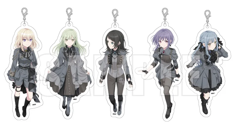 Illustrations of five female anime characters in dark-themed outfits