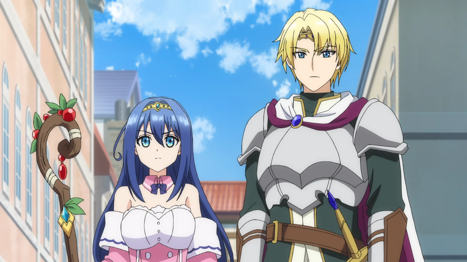 To anime-karakterer i middelalderdragt står i et bymiljø.