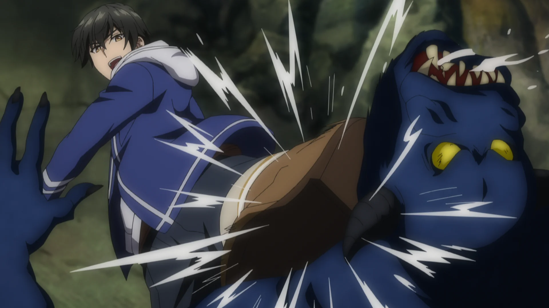 En anime-karakter i blåt tøj sparker til et blåt monster i en dynamisk actionscene.