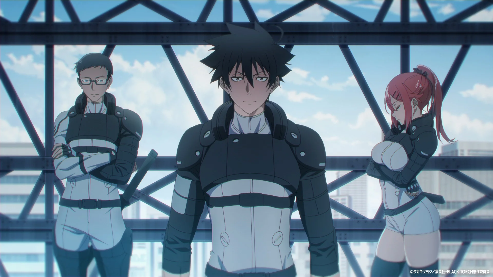 Three characters on a rooftop