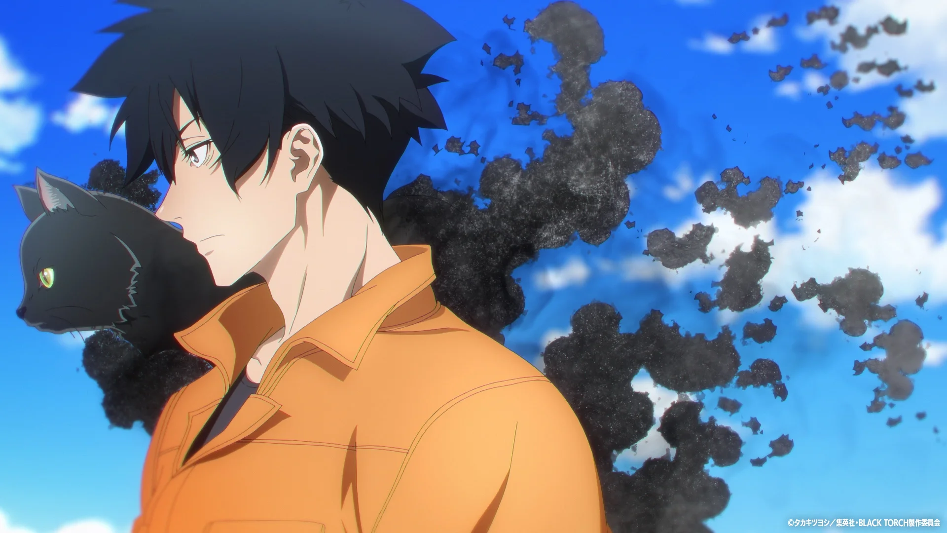 Anime character in orange jacket with a black cat