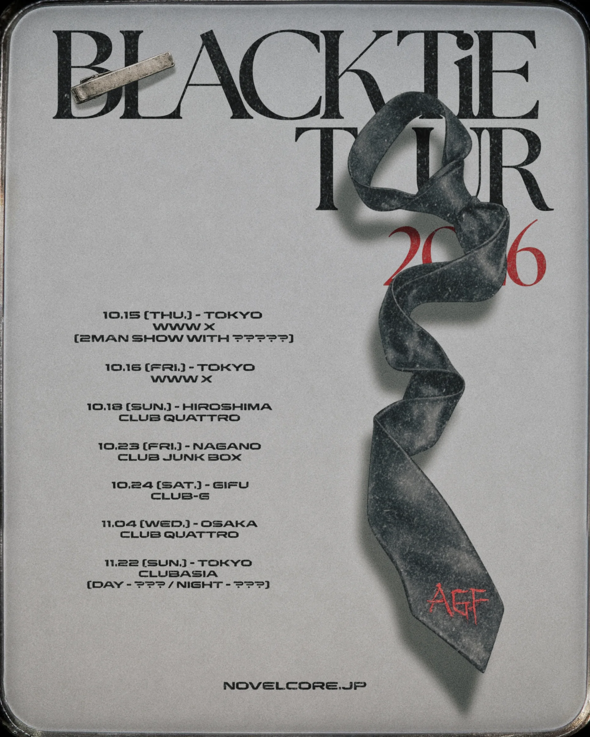 Poster za BLACK TiE TOUR 2026 sa grafikom uvrnute kravate