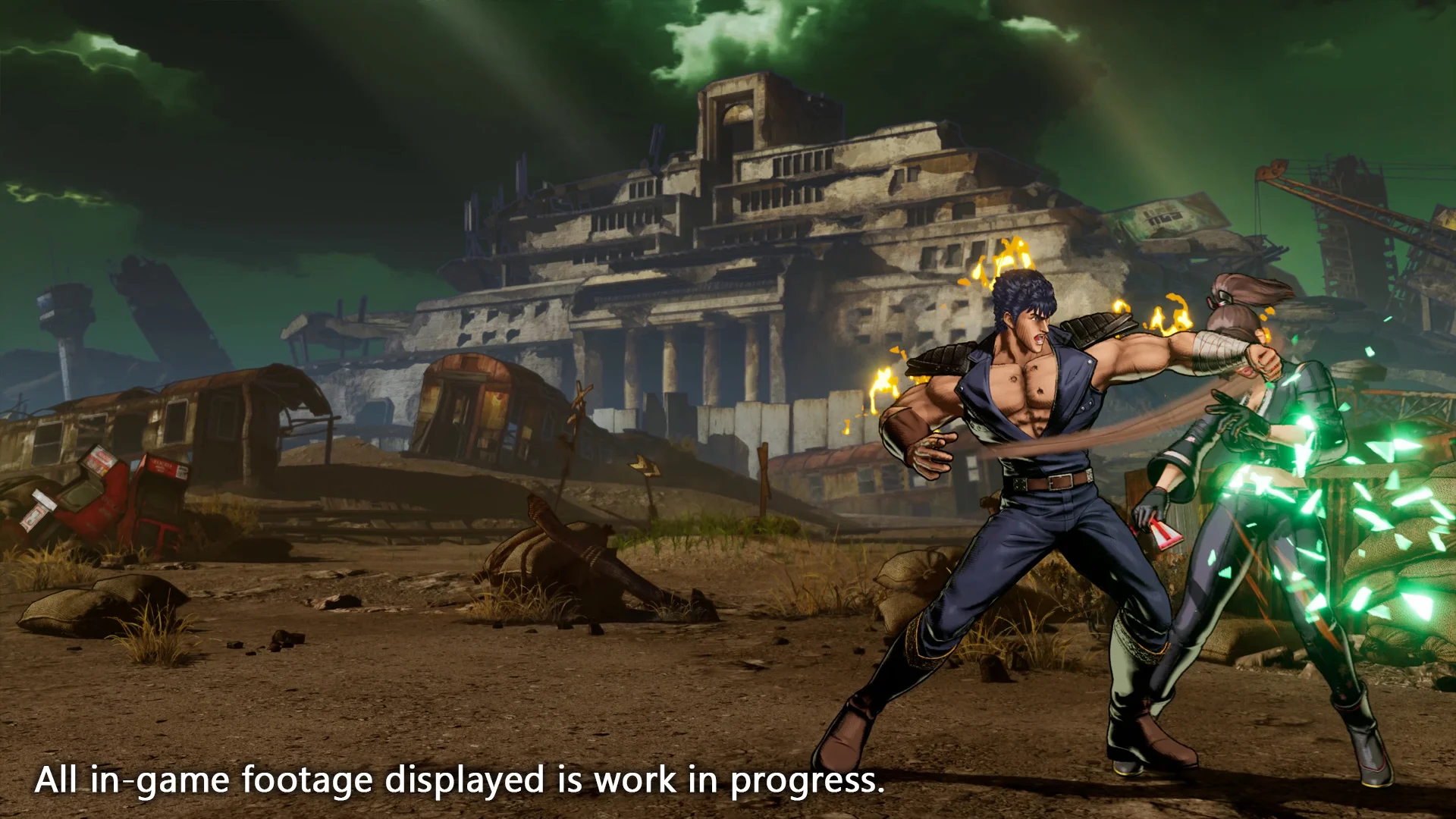 Kenshiro der står over for en modstander i et post-apokalyptisk miljø