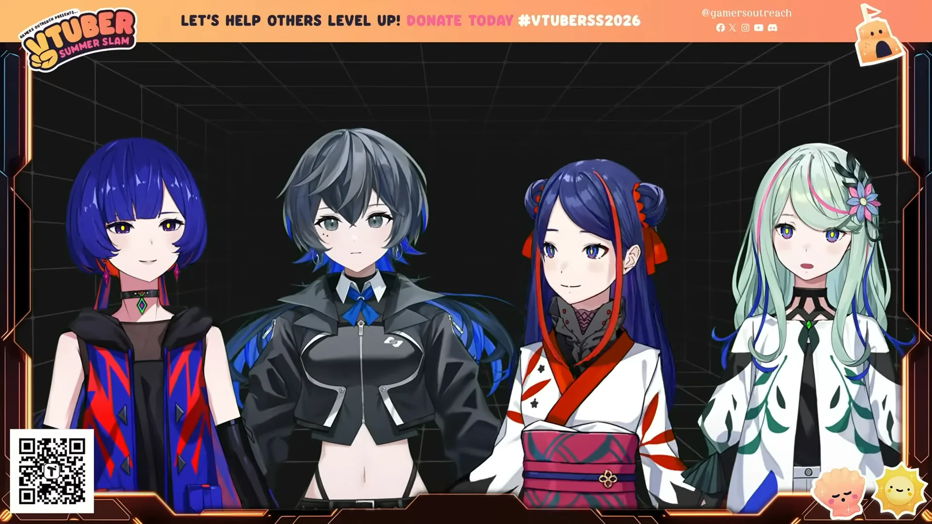 Vier KAMITSUBAKI-VTuber-Charaktere in einer digitalen Umgebung