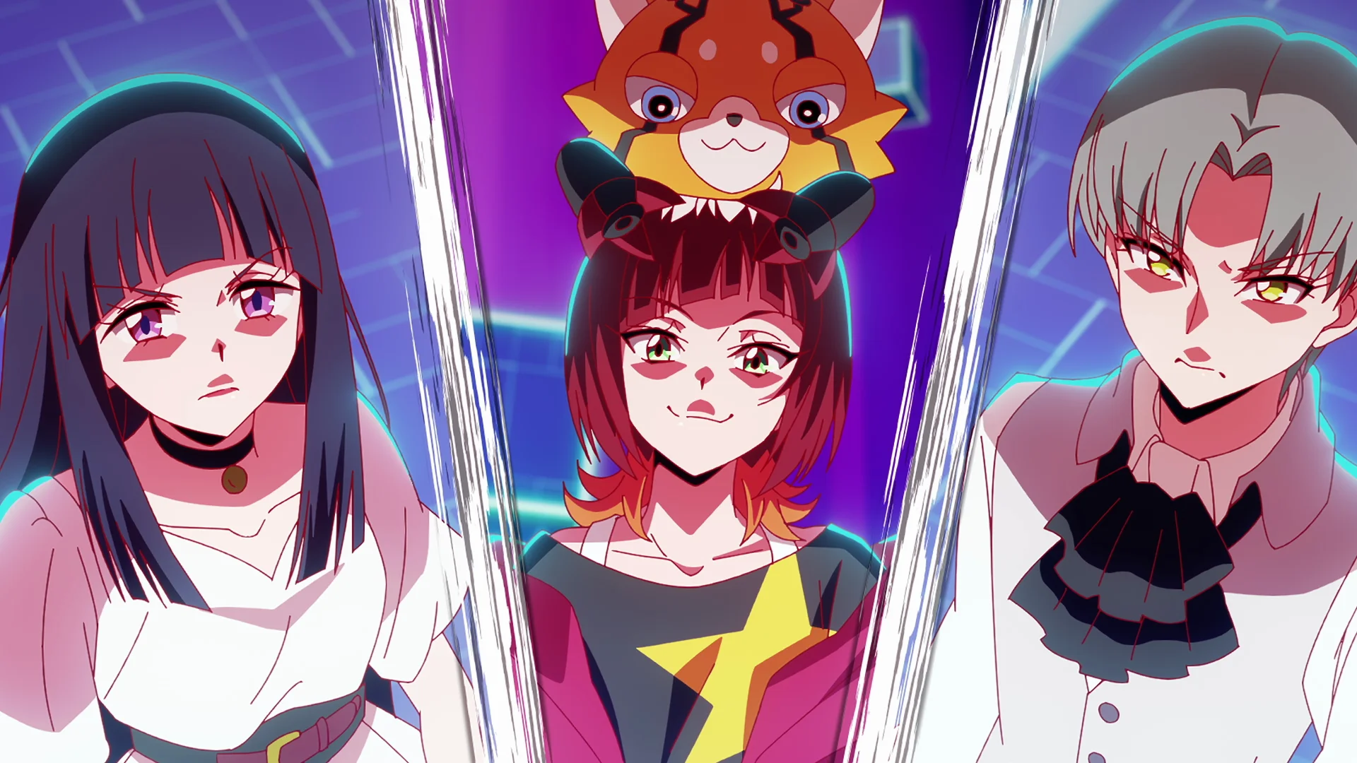 Tre karakterer fra Digimon Beatbreak Episode 37 i en forhåndsvisning i flere vinduer