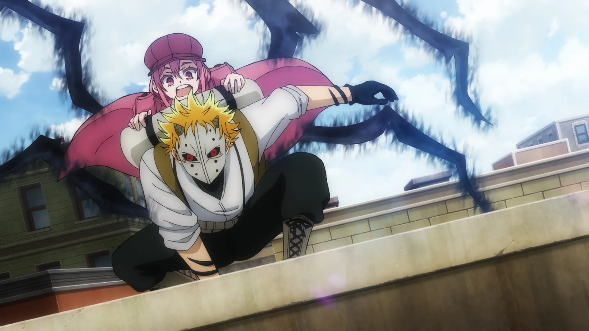 Dau gymeriad anime ar do ynghanol golygfa ddramatig
