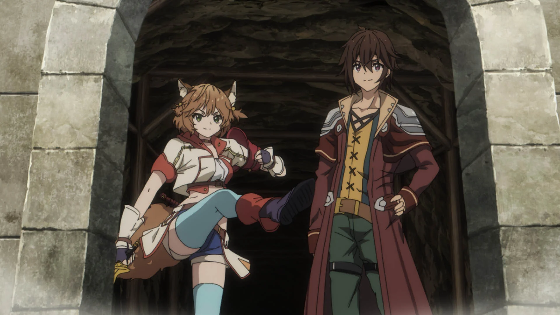 Dua watak anime berdiri di pintu masuk gua batu, seorang daripadanya membuat pose yang riang.