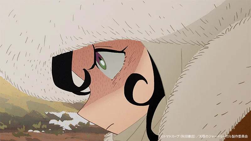 Nhân vật anime với mái tóc xoăn đen và mũ lông, trông đầy quyết tâm.