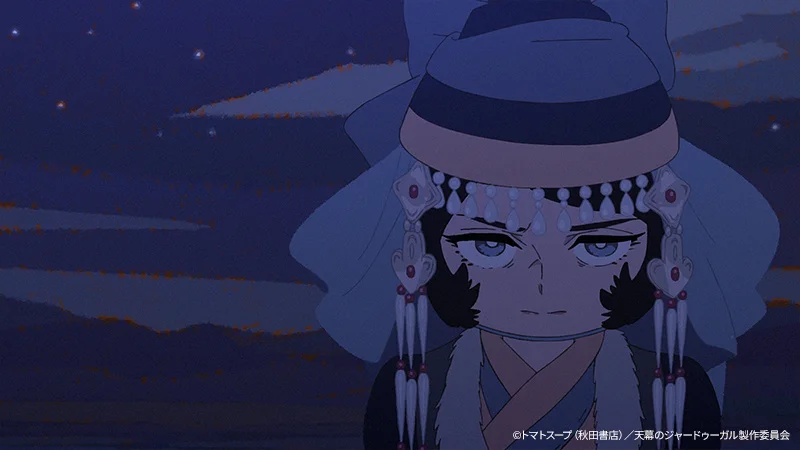 Nhân vật anime trong trang phục Mông Cổ truyền thống dưới bối cảnh ban đêm.