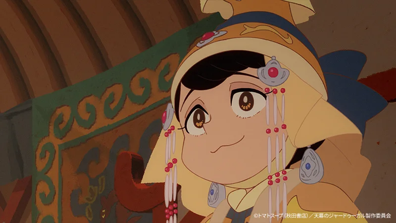 Nhân vật anime mặc trang phục Mông Cổ truyền thống với mũ đội đầu và hoa tai tinh xảo.