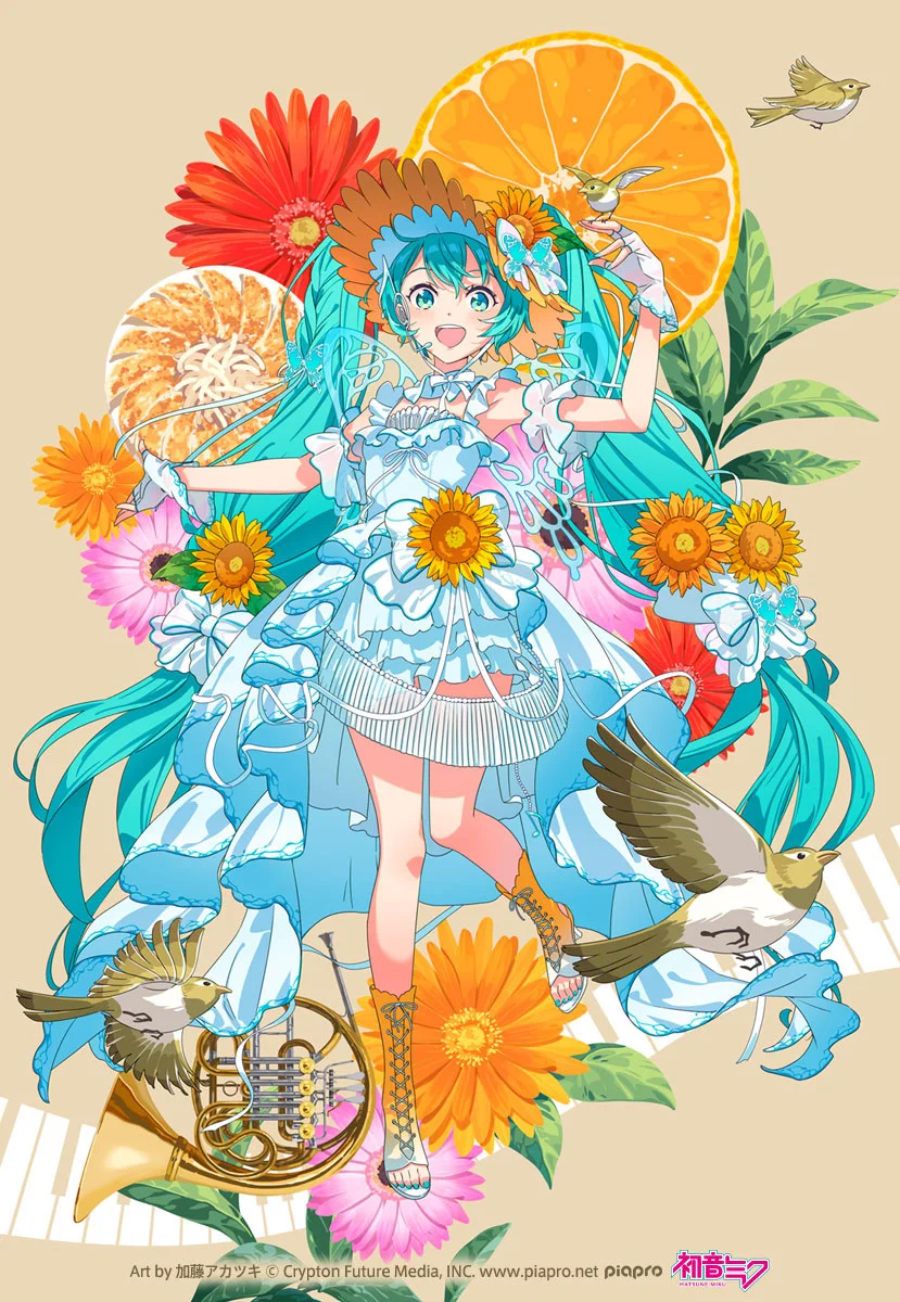 Illustration of Hatsune Miku in a floral-themed outfit