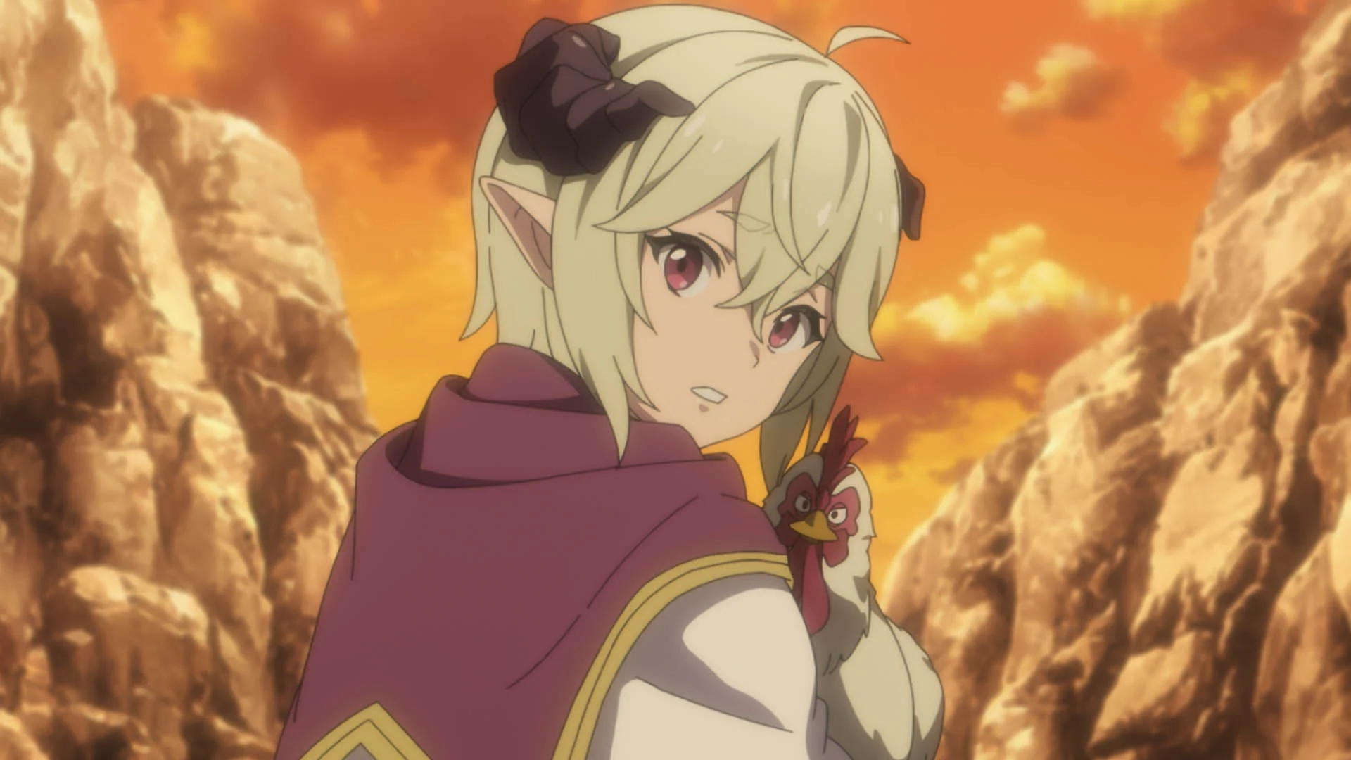 Kinpatsu no kyara to kata no niwatori no zō no aru iwagimi no keshiki