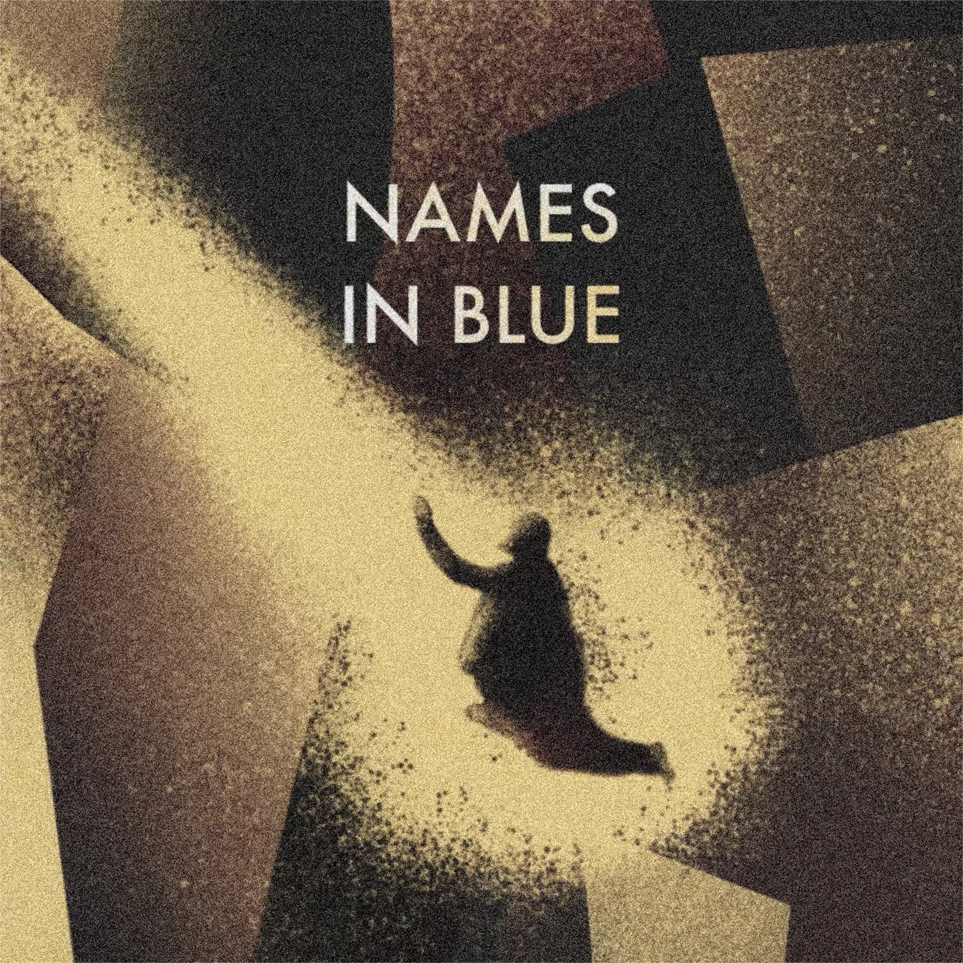 Abstrakts vāka attēls singlam "Names In Blue", kas attēlo siluetu, ko ieskauj daļiņas