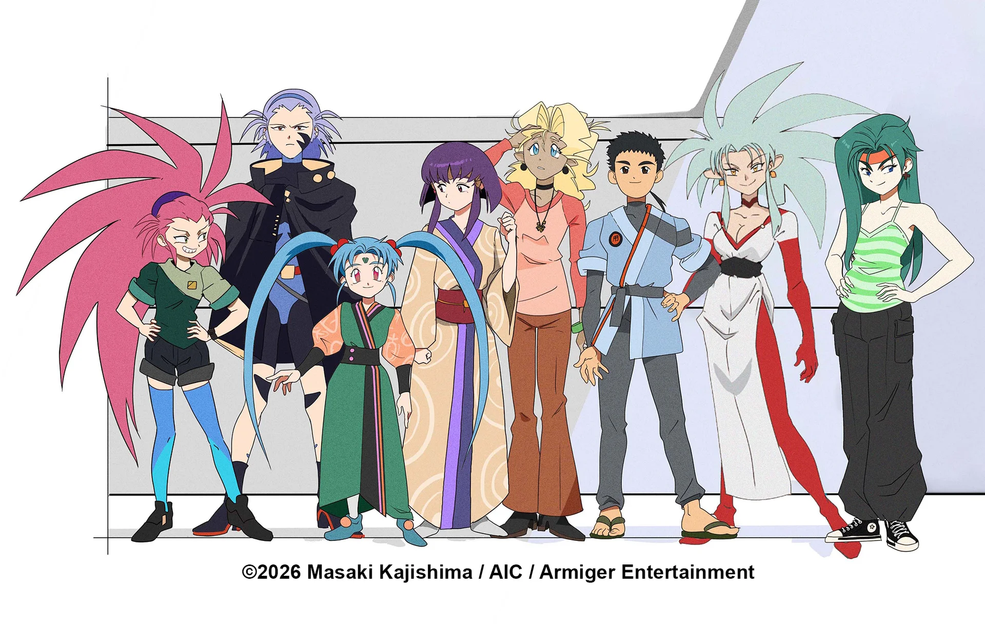 Group shot of the eight main Tenchi Galaxy characters