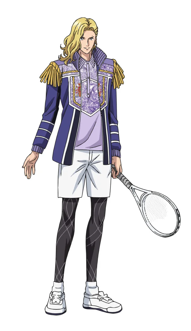 Animehahmo, jolla on pitkät vaaleat hiukset ja tennismaila, yllään yksityiskohtainen takki