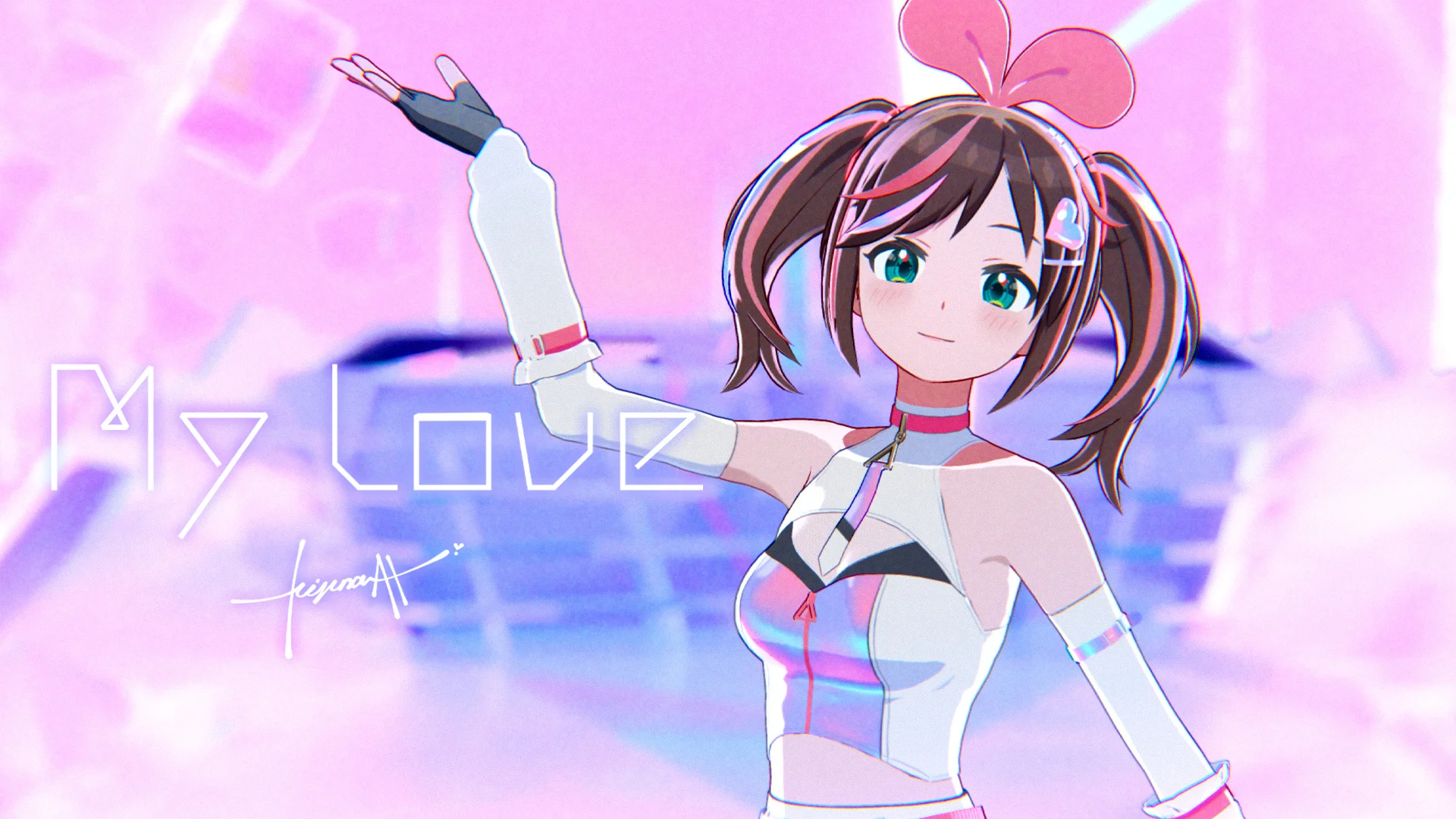 Kizuna AI spalvingame kostiume su My Love tekstu