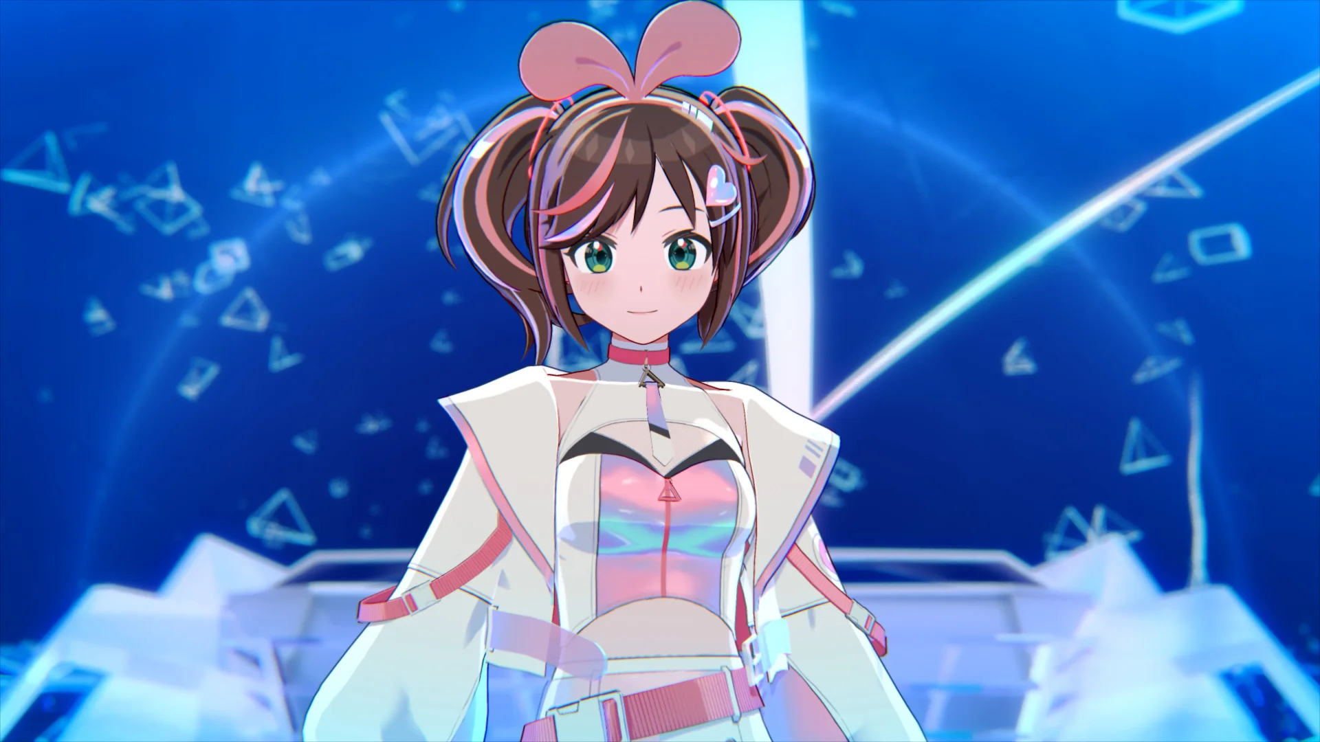 Kizuna AI futuristiniame kostiume su abstrakčiu mėlynu fonu