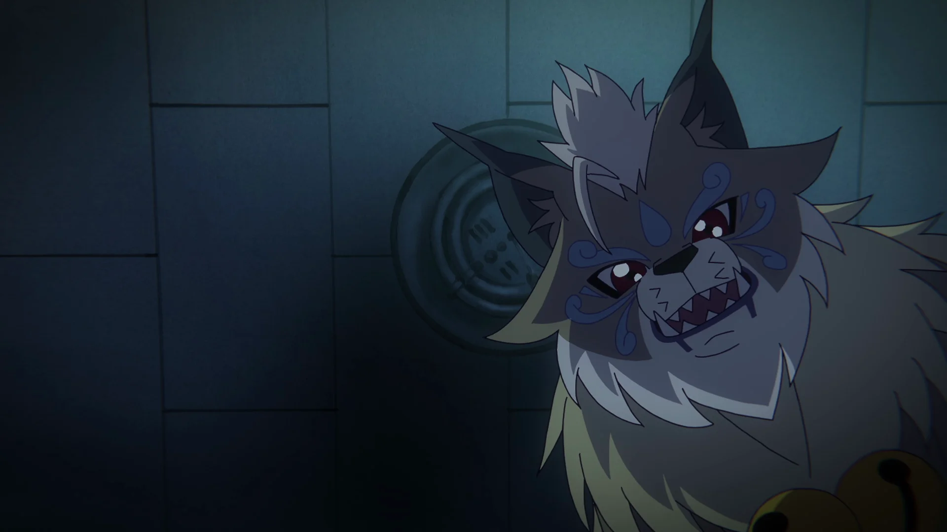 Ein wolfsartiges Digimon mit scharfen Zähnen in einem dunklen Raum