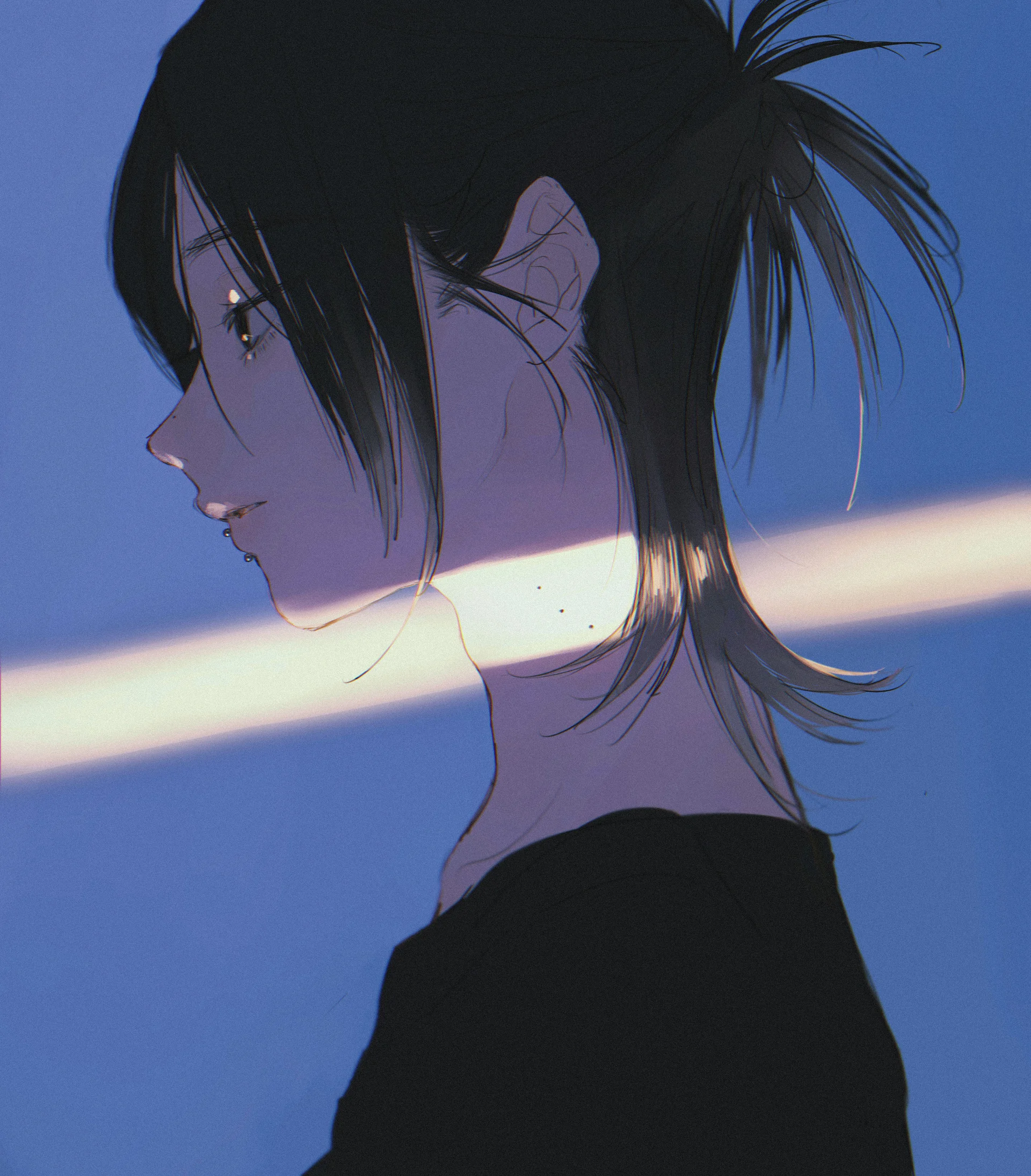 Anime-style illustration of a person in profile with dark hair against a blue background