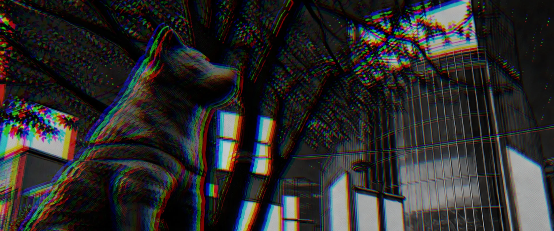Glitch art statula šuns šiuolaikiniame miesto kraštovaizdyje