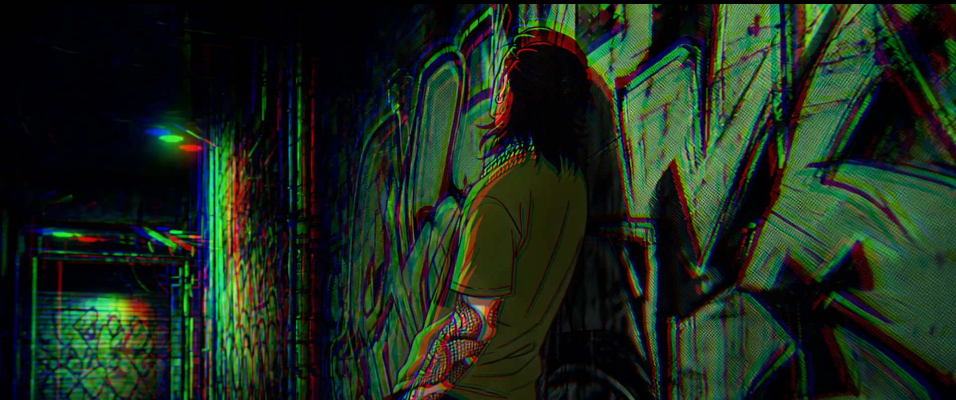 Animacinis veikėjas graffiti padengtoje alėjoje, dėvintis geltoną marškinėlius