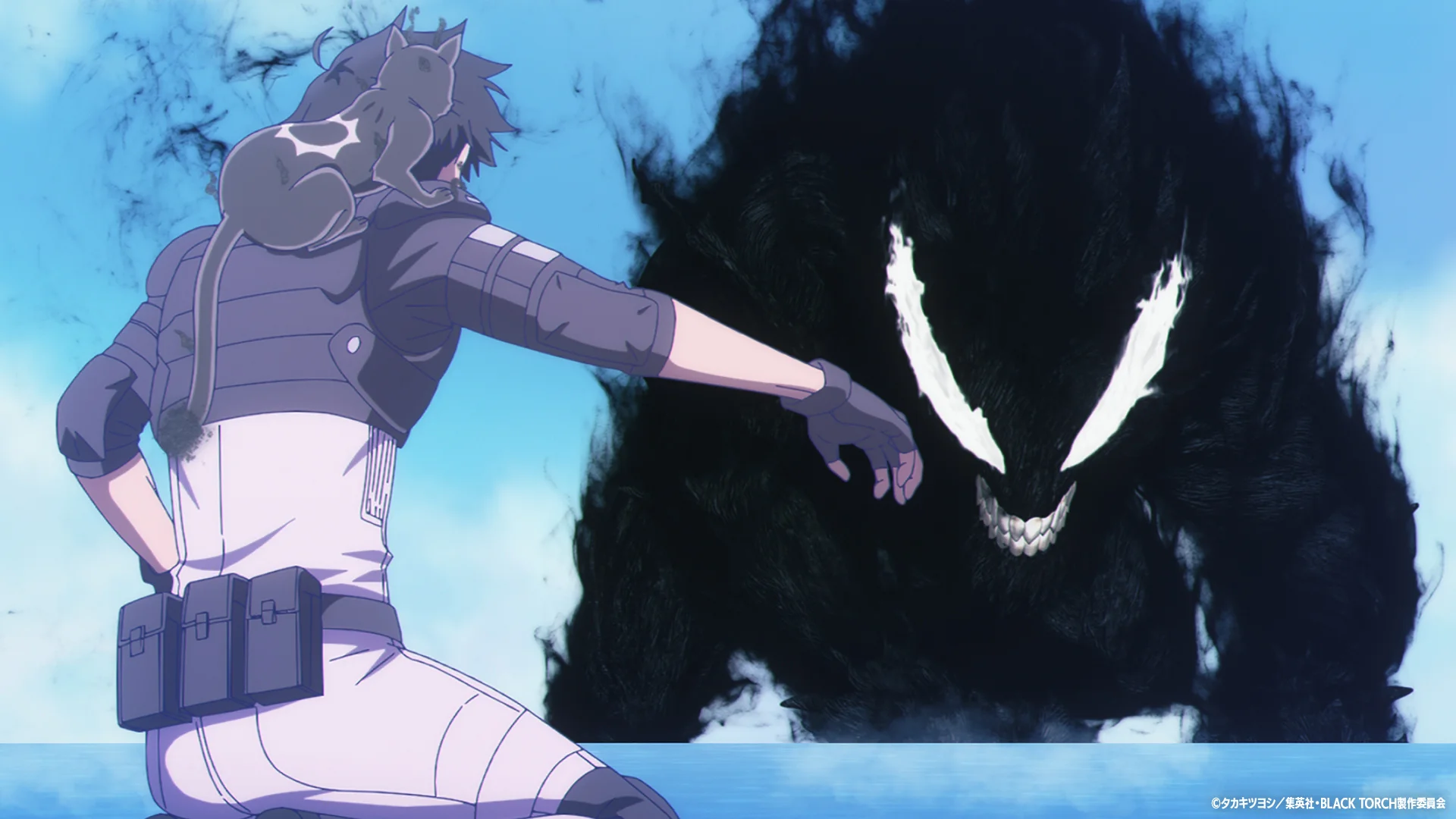 Anime character facing a dark, menacing figure with large white eyes