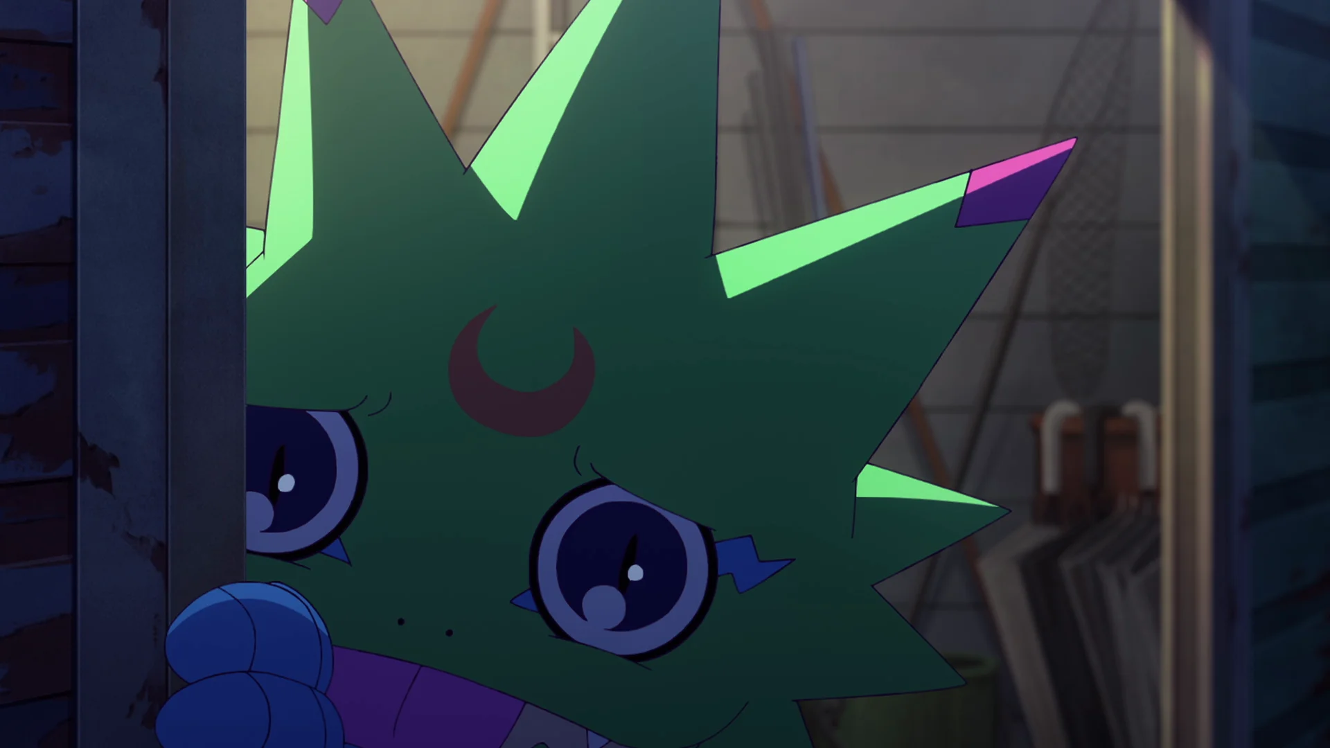 In grien Digimon karakter gloart út in doarweach