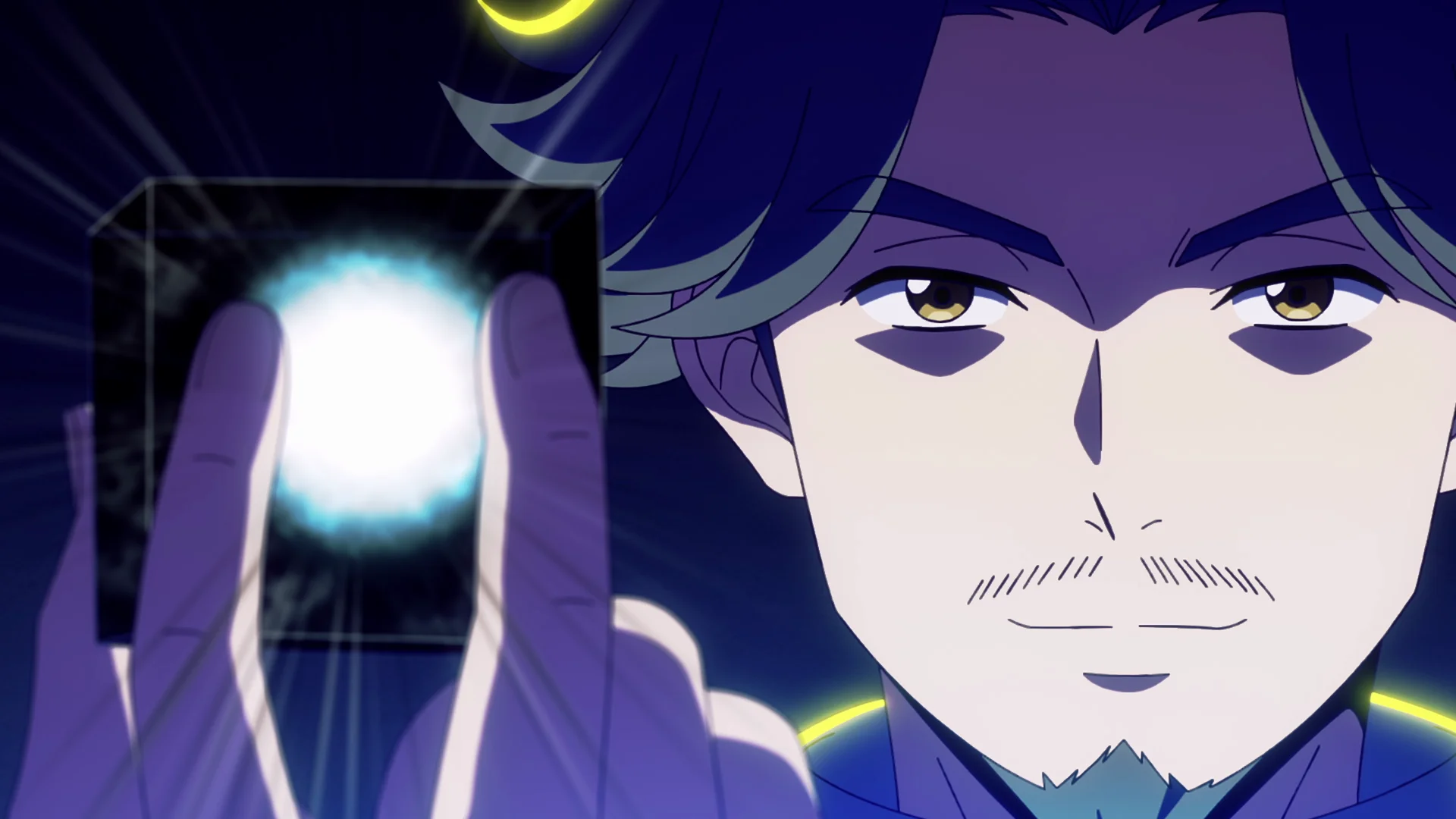 In anime karakter hâldt in gloedjende kaart mei in serieus gesicht