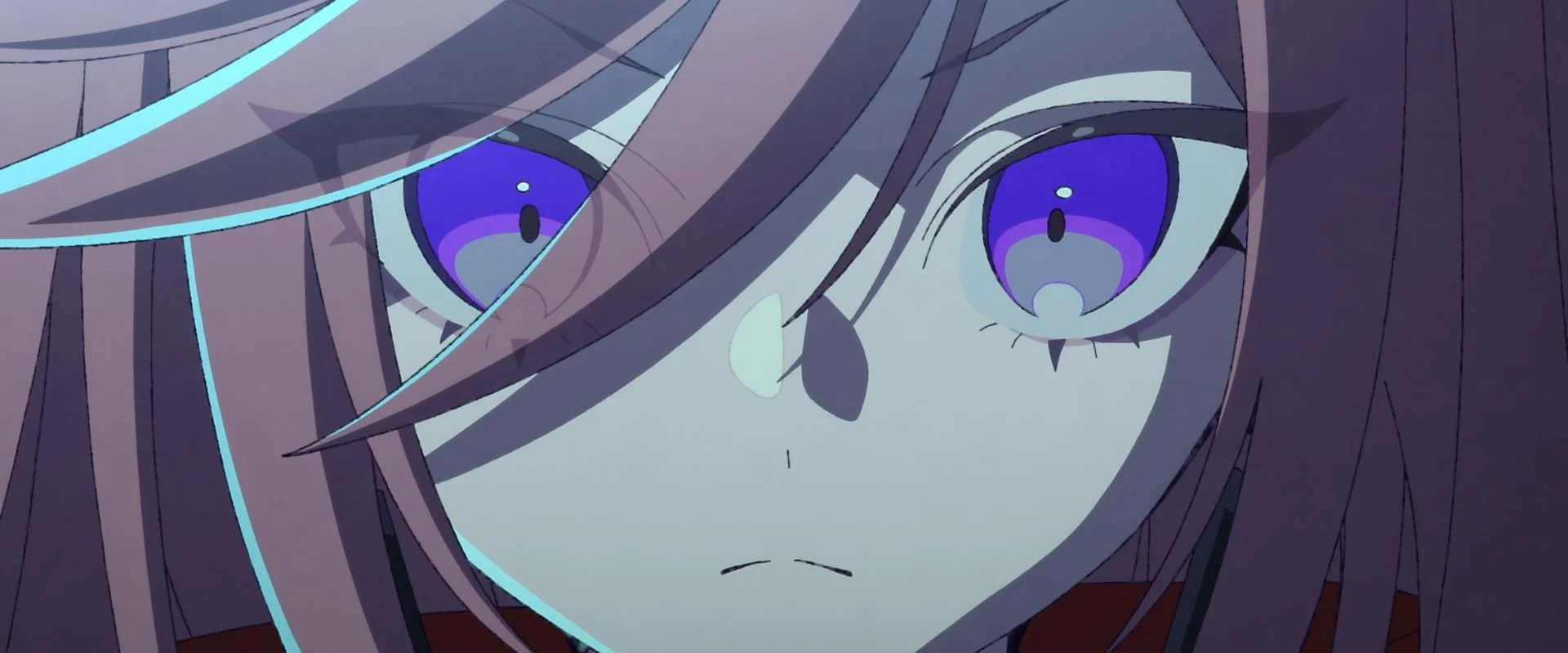 Close-up of an anime character with purple eyes and light brown hair