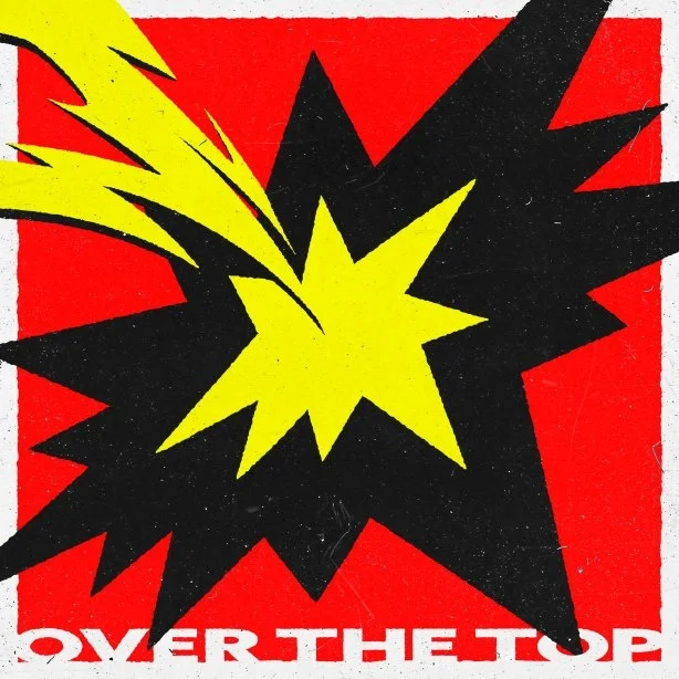 Portada de l'àlbum per a <a href="https://onlyhit.us/music/artist/%E7%9C%89%E6%9D%91%E3%81%A1%E3%81%82%E3%81%8D" target="_blank">Wienners</a> OVER THE TOP amb un raig groc i negre atrevit sobre fons vermell
