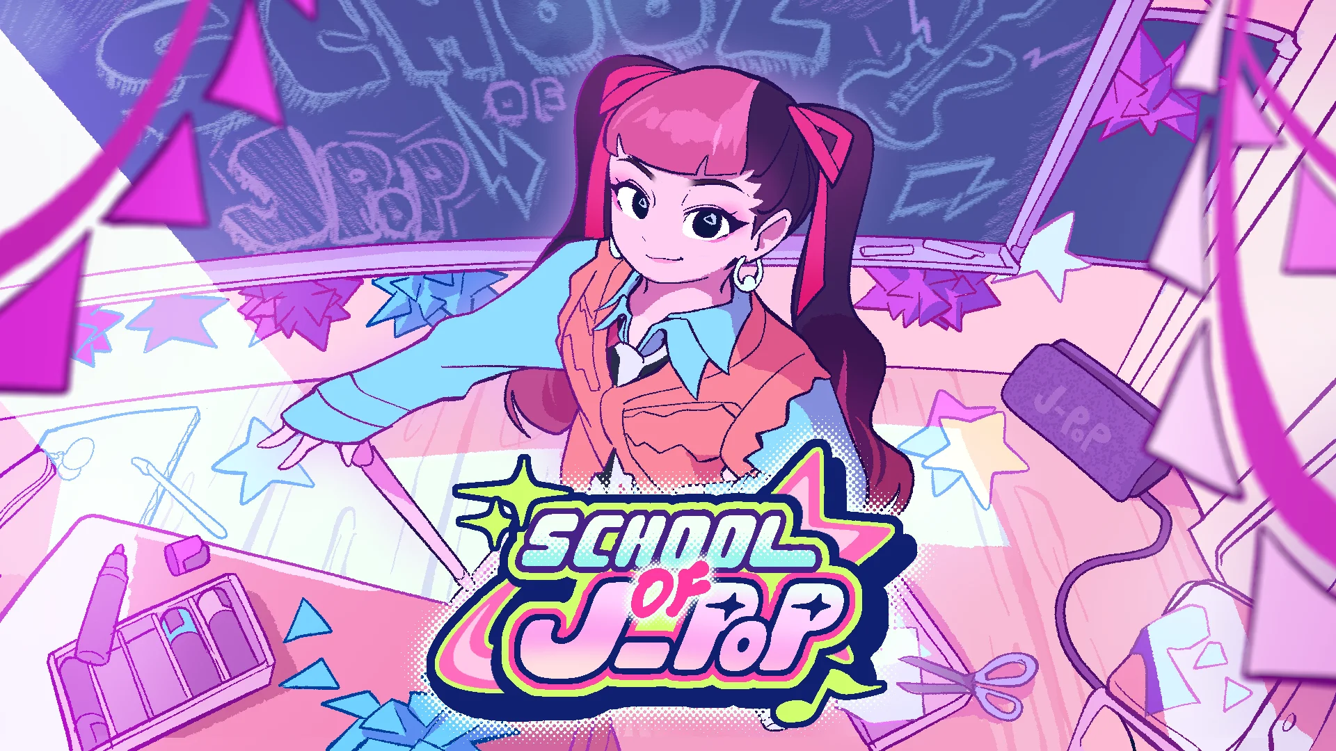 Anime-style character at a desk with the SCHOOL OF J-POP logo