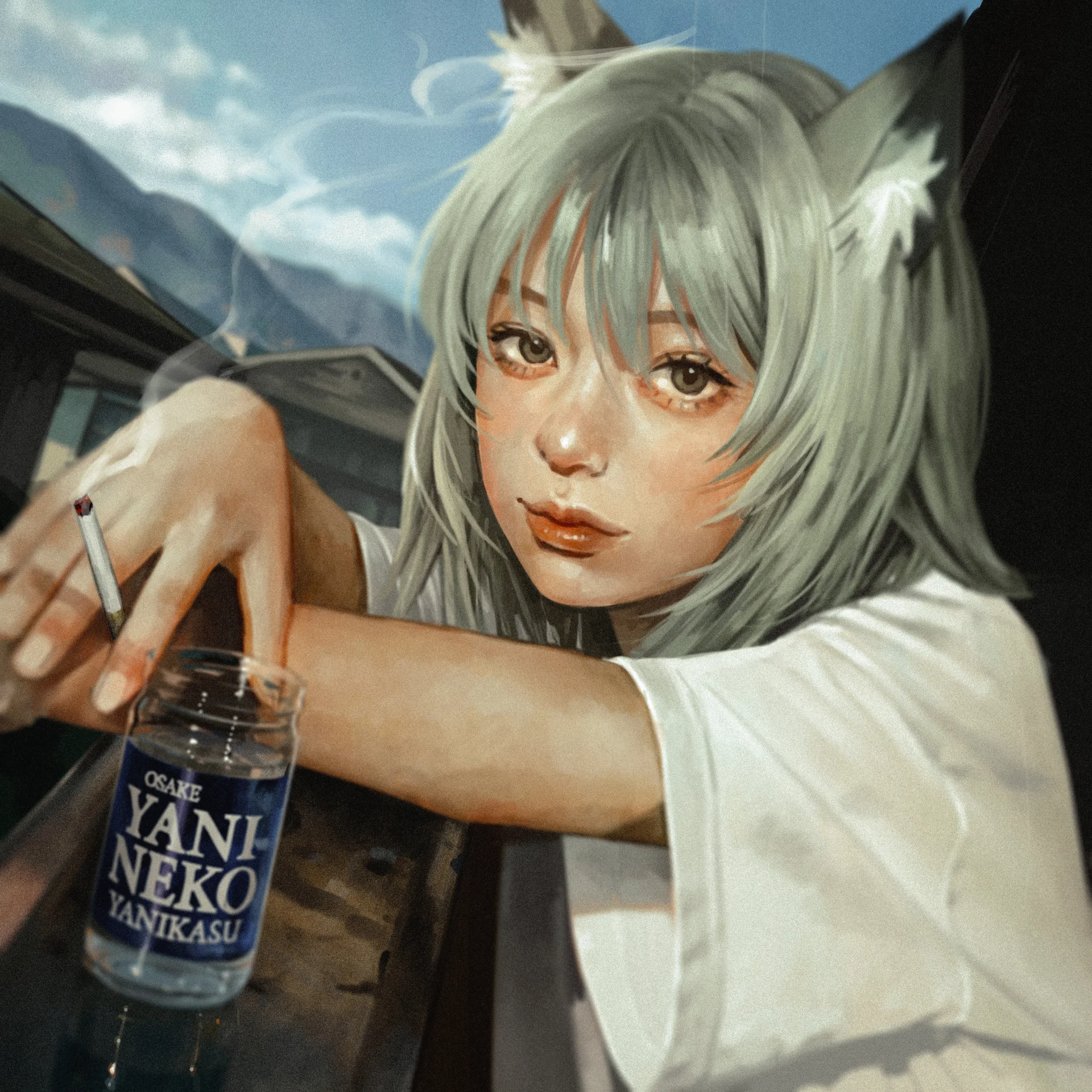 Postava v anime stylu držící sklenici Yani Neko a cigaretu
