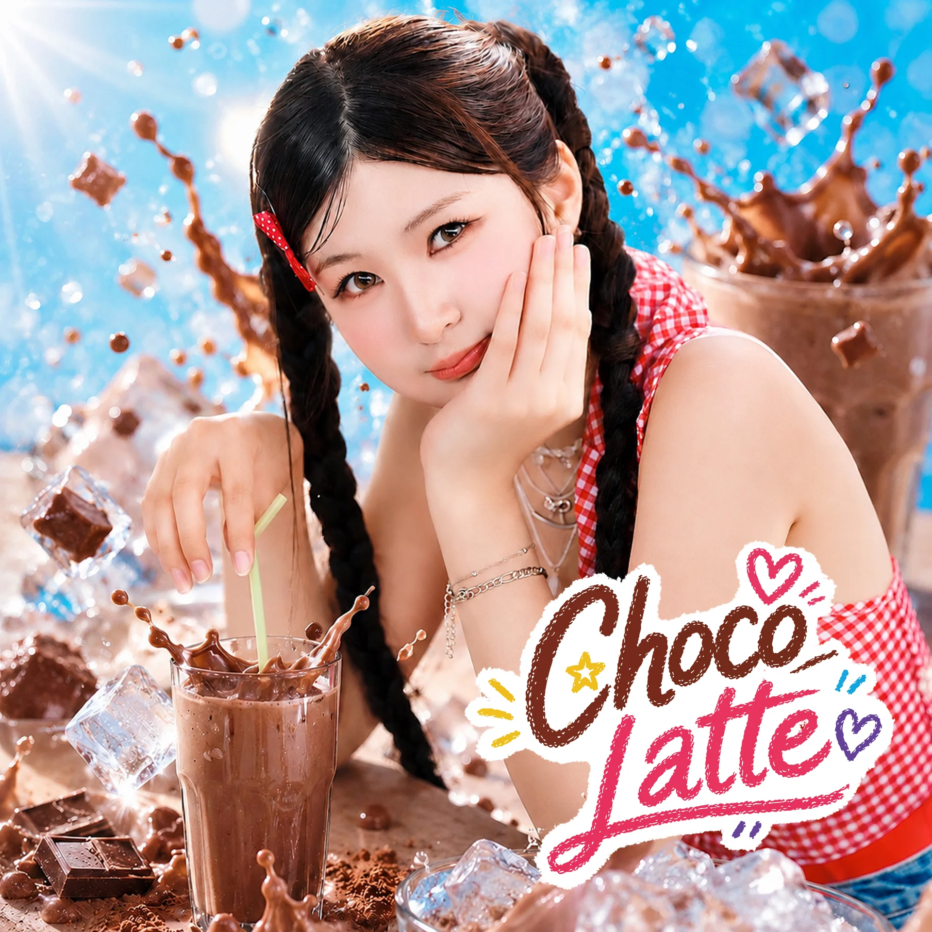 SEO EVE държи шоколадов напитка с текст CHOCOLATTE