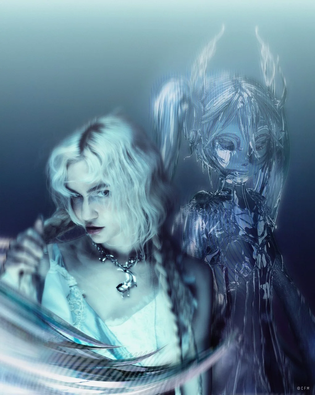Stylized image of a person next to a digital, futuristic character