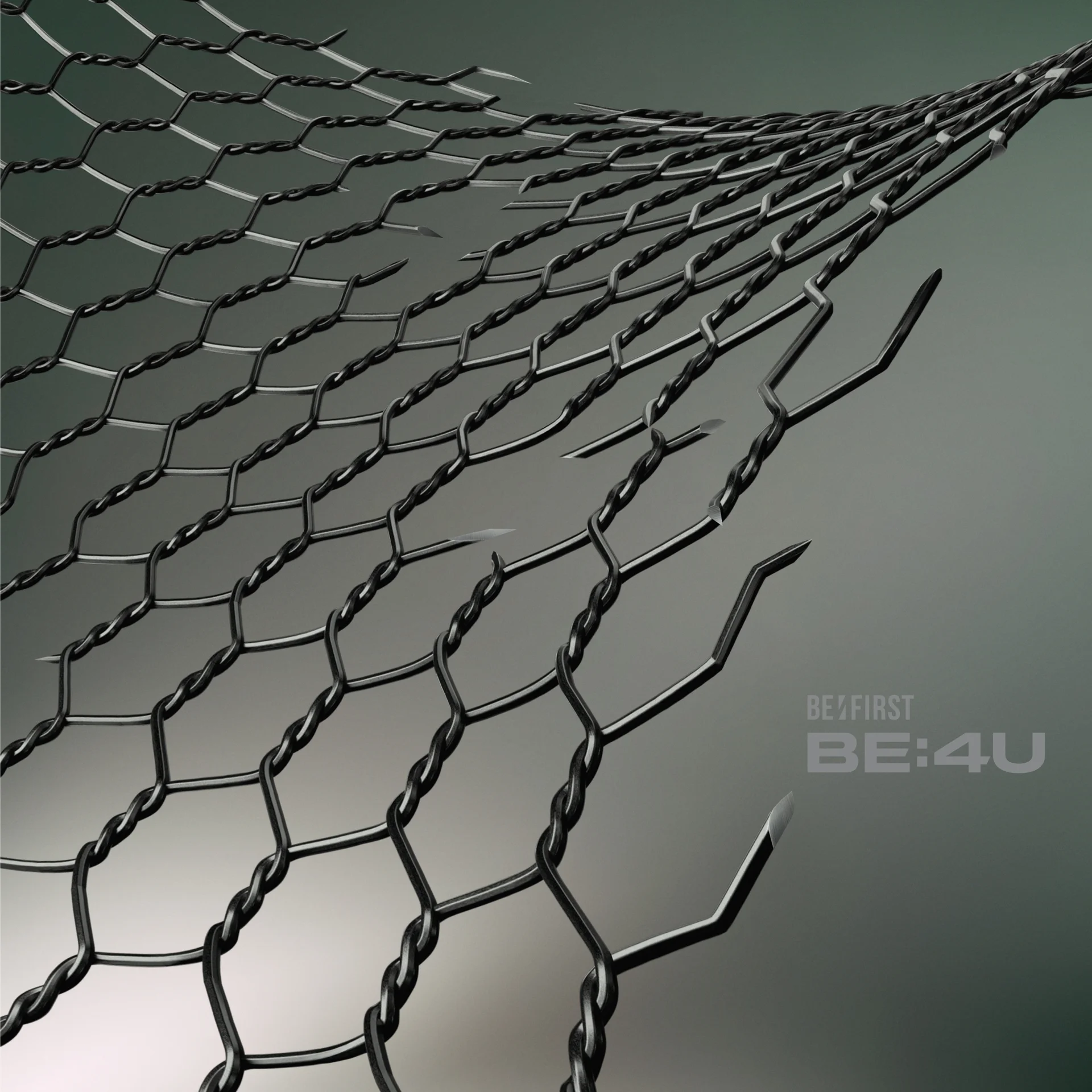 BE:FIRST BE:4U album cover with twisted metal mesh on green background
