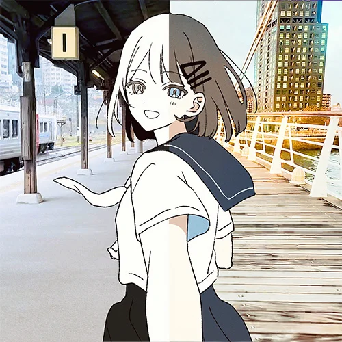 Watak gaya anime terbelah dengan latar belakang bandar