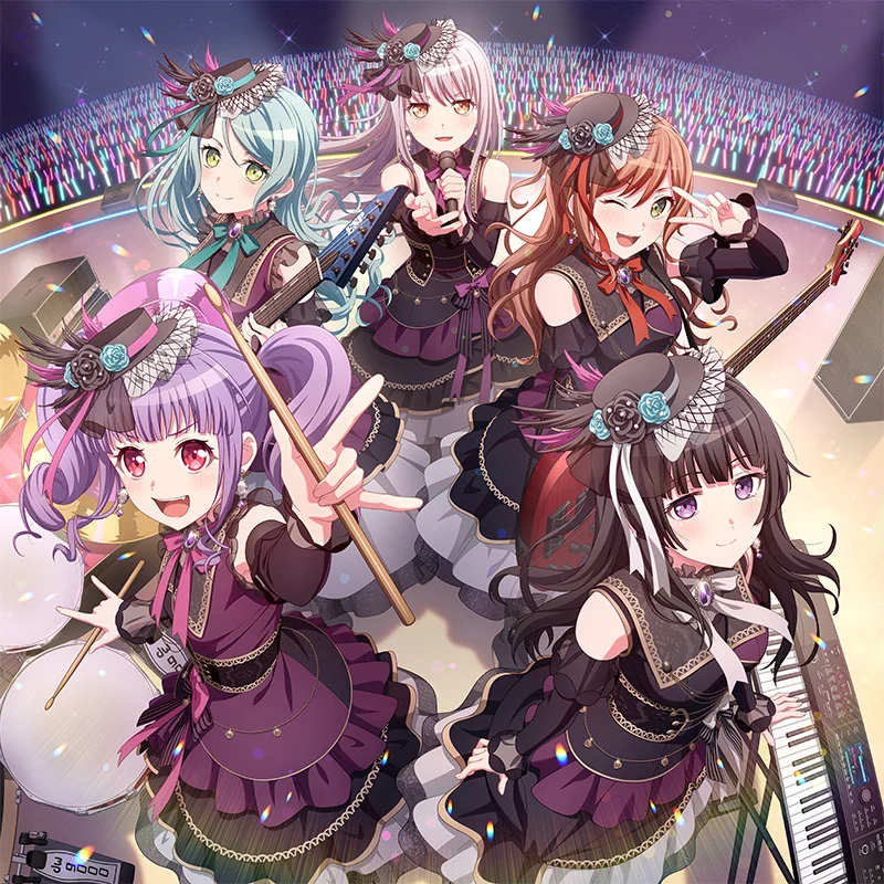 Propagační obrázek anime postav Roselia na pódiu