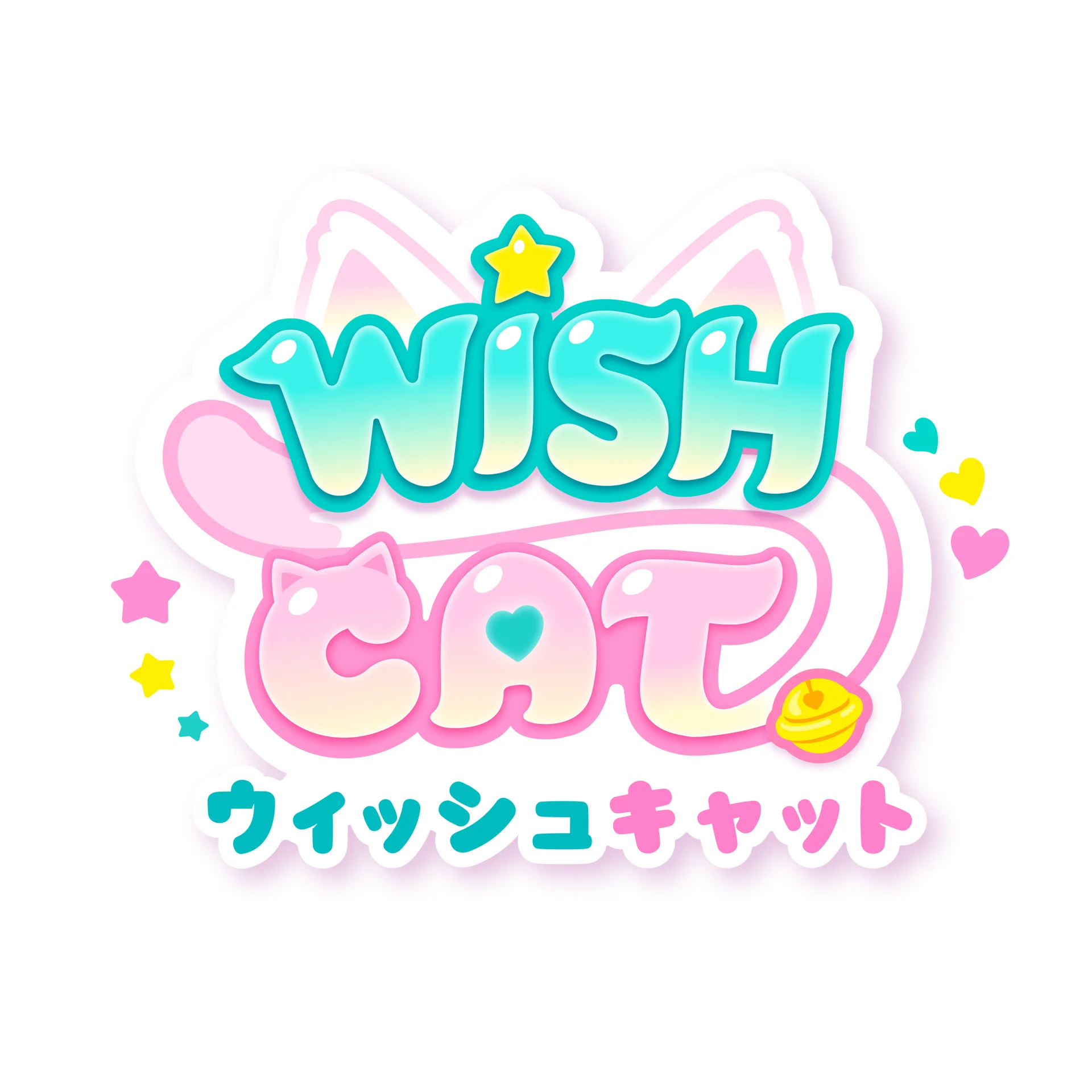 Wishcat-logo leikillisellä fontilla tähtien ja sydänten kera