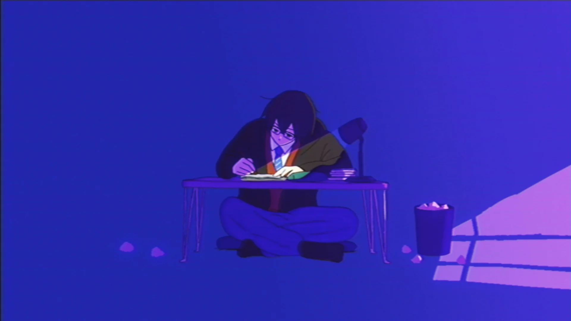 ব্লু লাইটের নিচে ডেস্কে লেখালেখি করছে অ্যানিমে চরিত্র