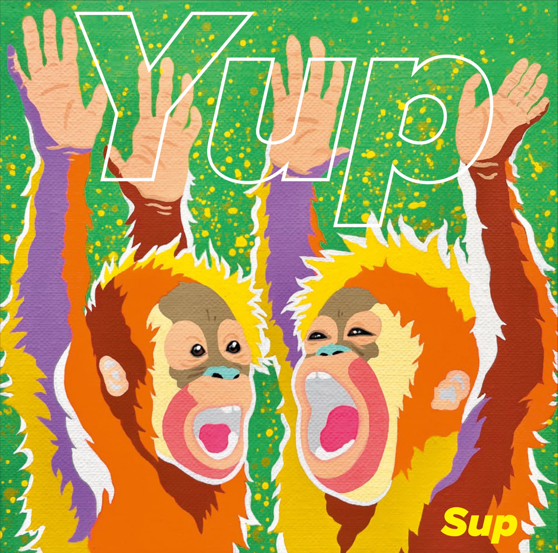 Dyluniad celf ar gyfer Sup Yup yn cynnwys mwncïod animeiddiedig lliwgar
