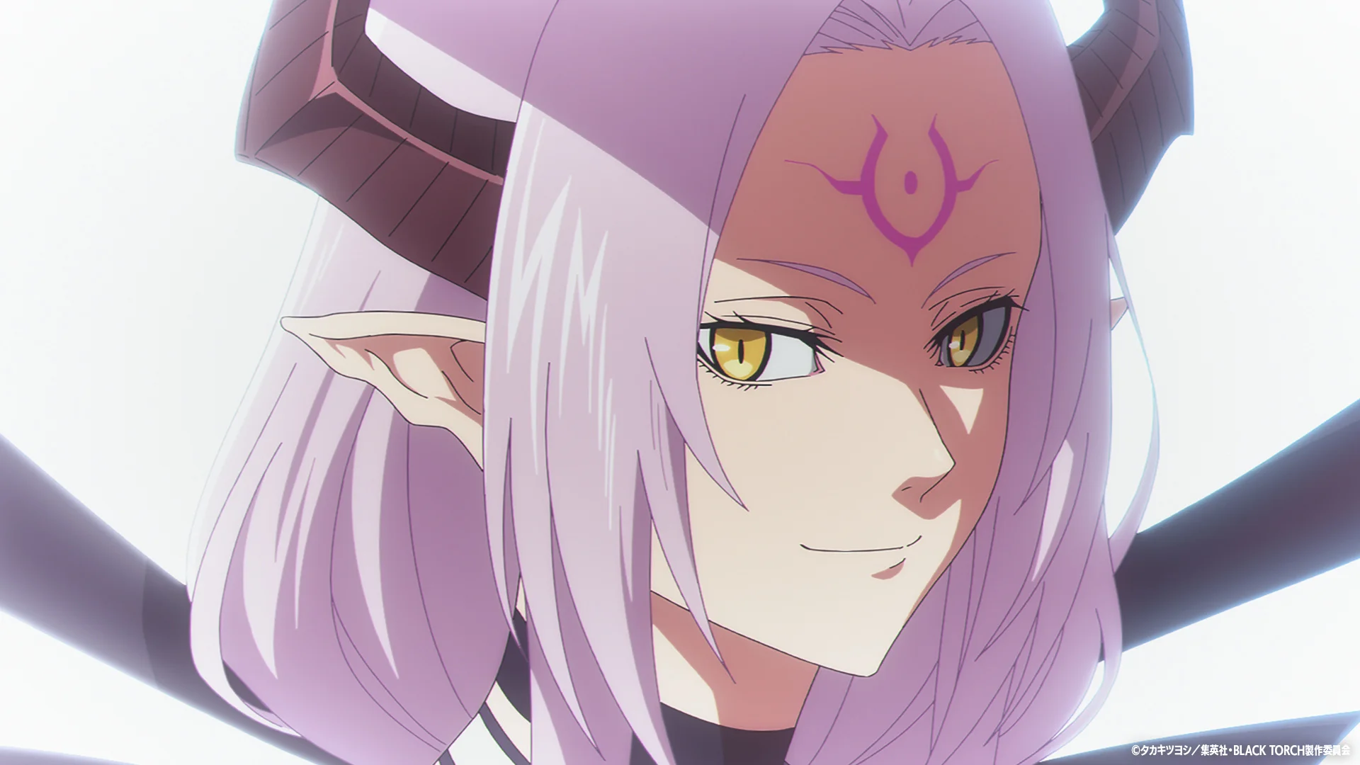 Anime character with purple hair and horns smiling