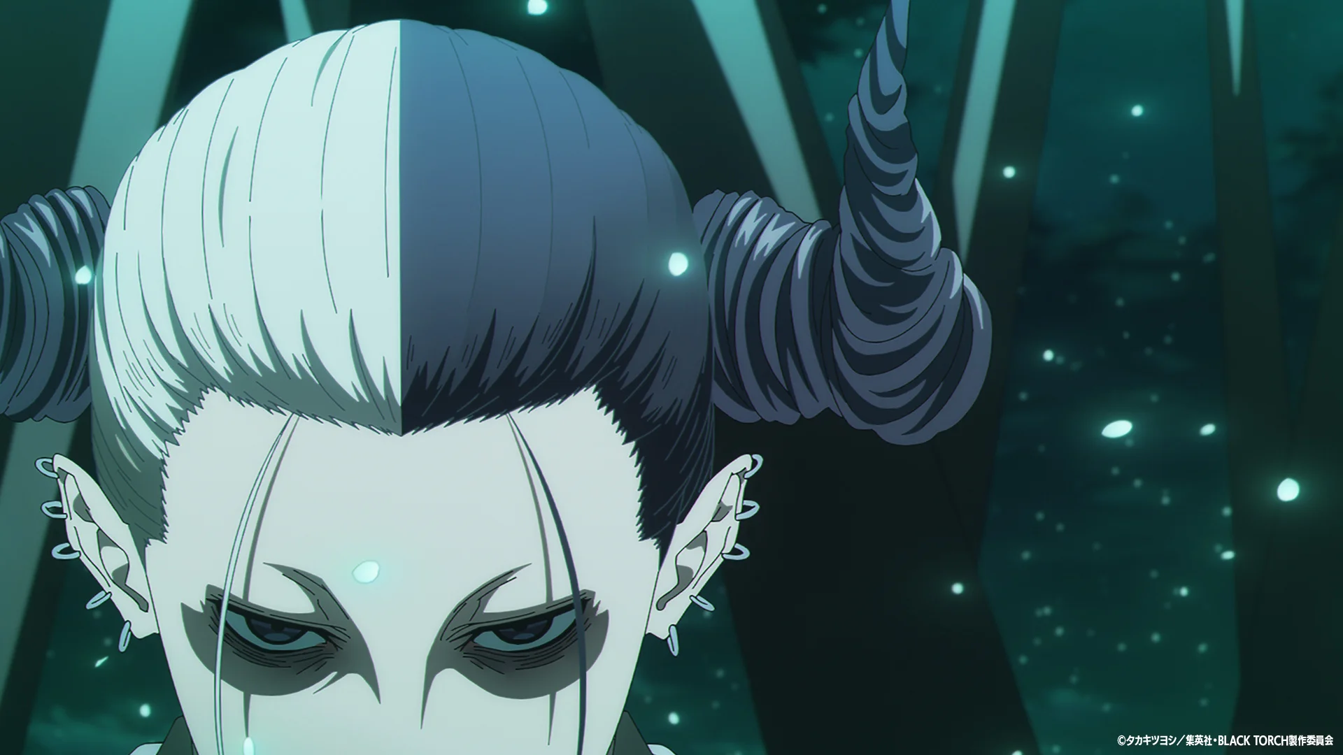 Anime character with split black and white hair in a forest